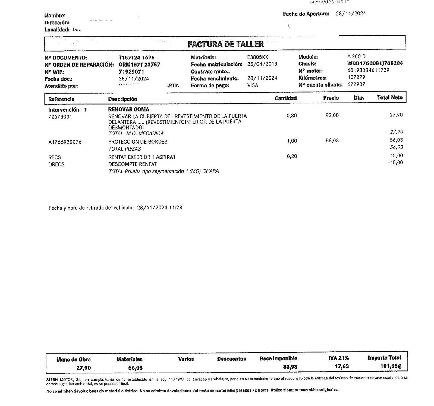 Foto del mantenimiento del Mercedes Clase A Mercedes-Benz Clase A 200 d (136 CV) Pack AMG