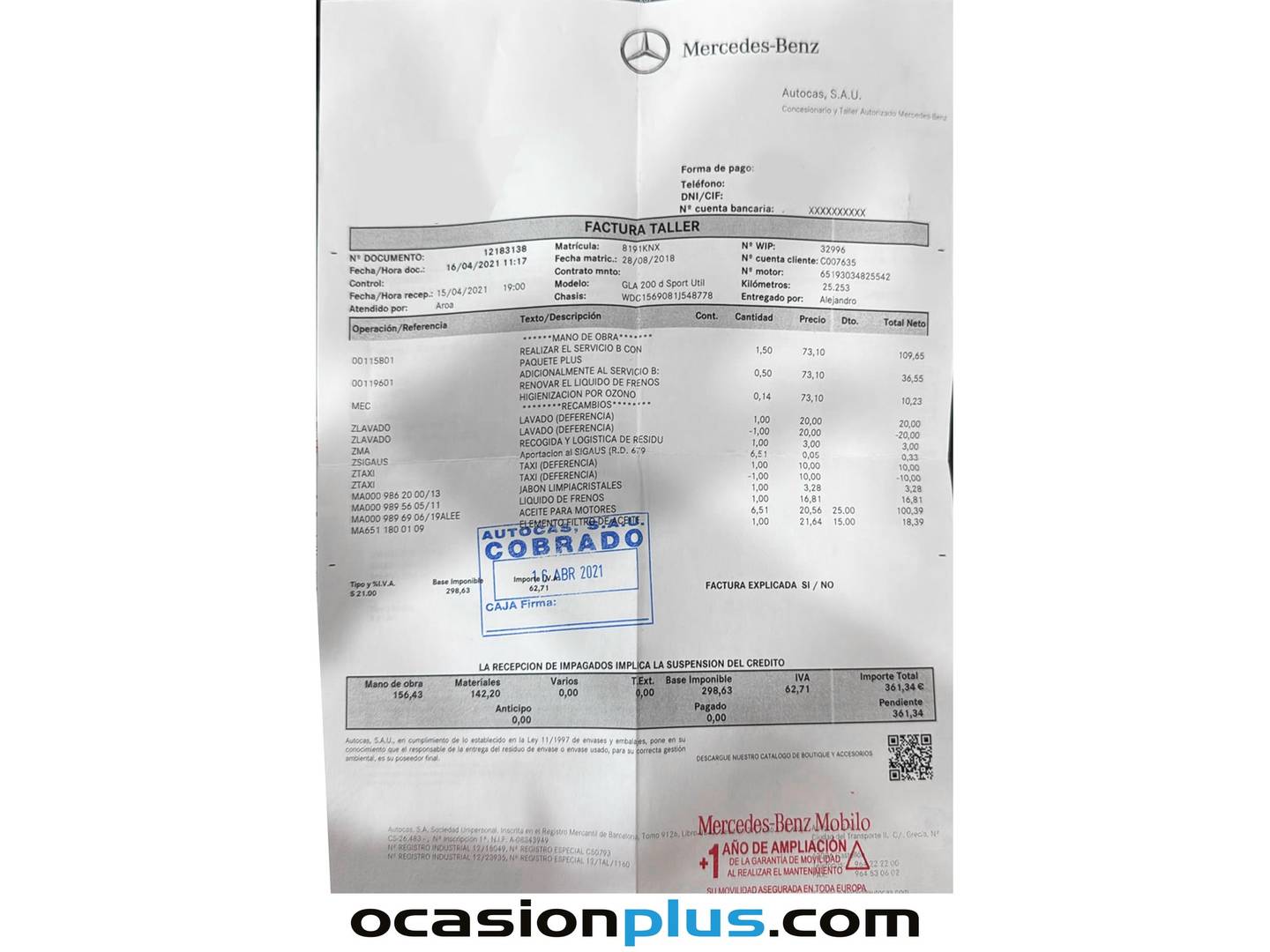 Foto del mantenimiento del Mercedes GLA Mercedes GLA 200 d (136 CV) Pack AMG