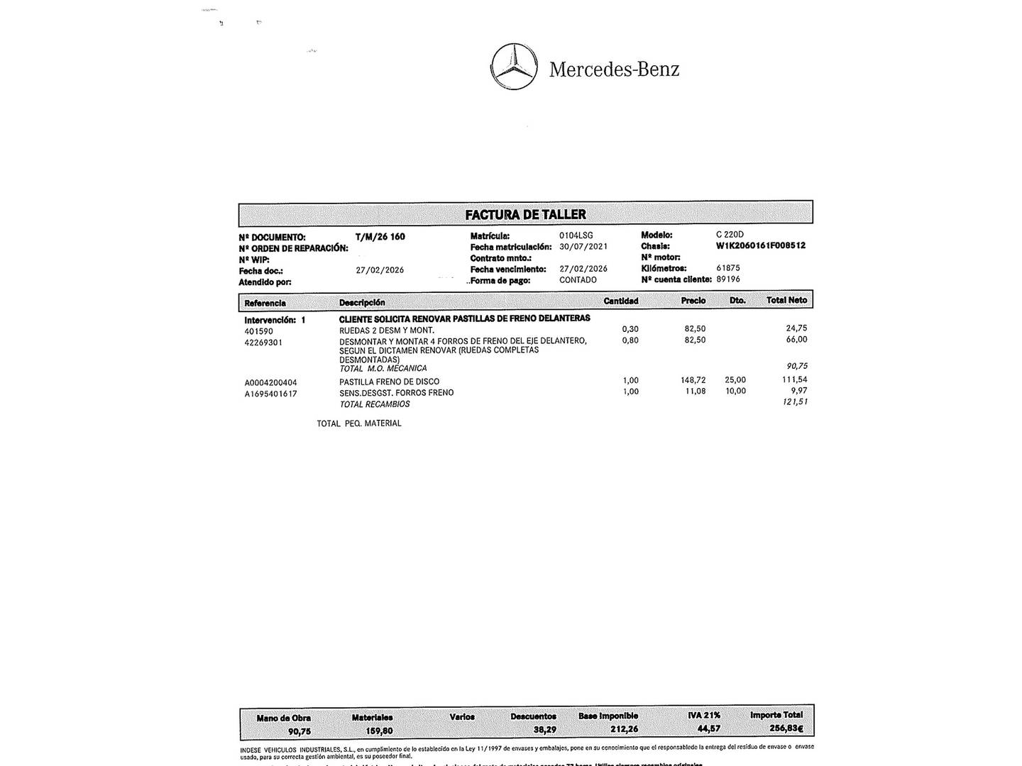 Foto del mantenimiento del Mercedes Clase C Mercedes Clase C 220 d (200 CV) Pack AMG