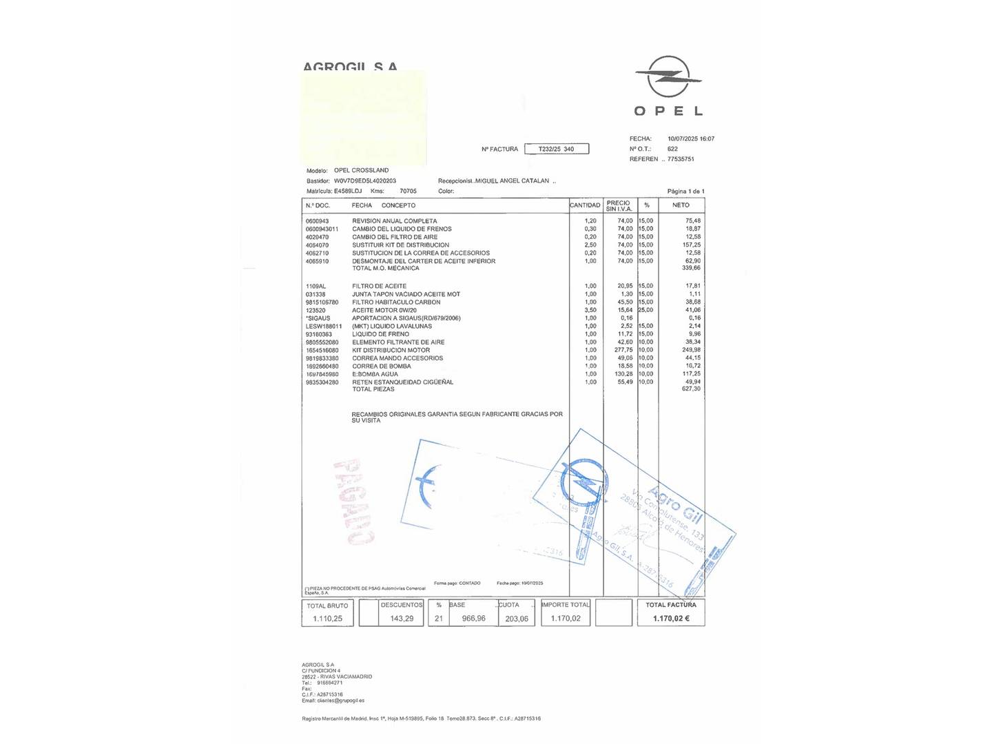 Foto del mantenimiento del Opel Crossland X Opel Crossland X 1.2 S&S Design Line 120 Aniversario (110 CV)