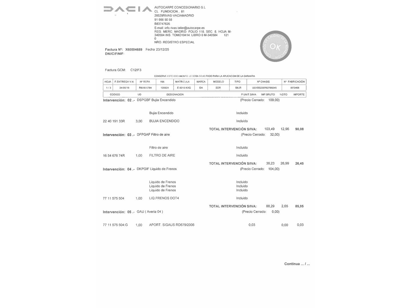 Foto del mantenimiento del Dacia Sandero Dacia Sandero Stepway Comfort TCe (90 CV)