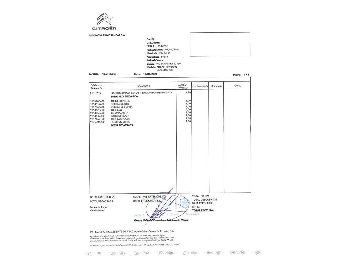 Foto del mantenimiento del Citroën Grand C4 Spacetourer Citroën Grand C4 Spacetourer PureTech 130 S&S Feel EAT8 (130 CV) 7 Plazas