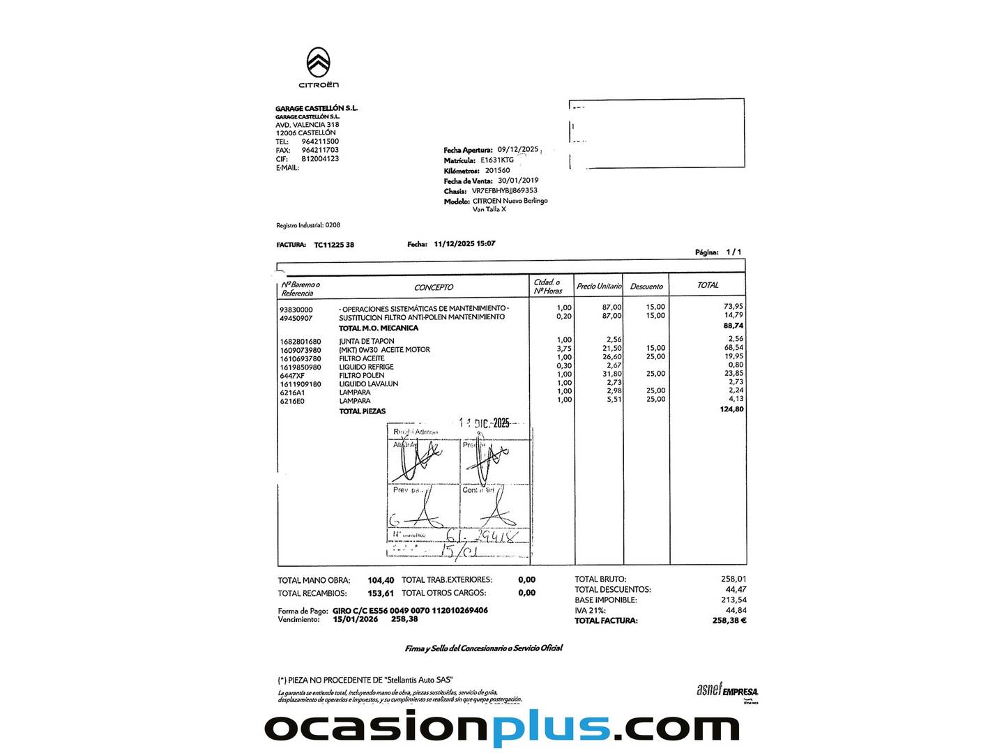 Foto del mantenimiento del Citroën Berlingo Citroën Berlingo BlueHDi 100 Talla XL Club (100 CV)
