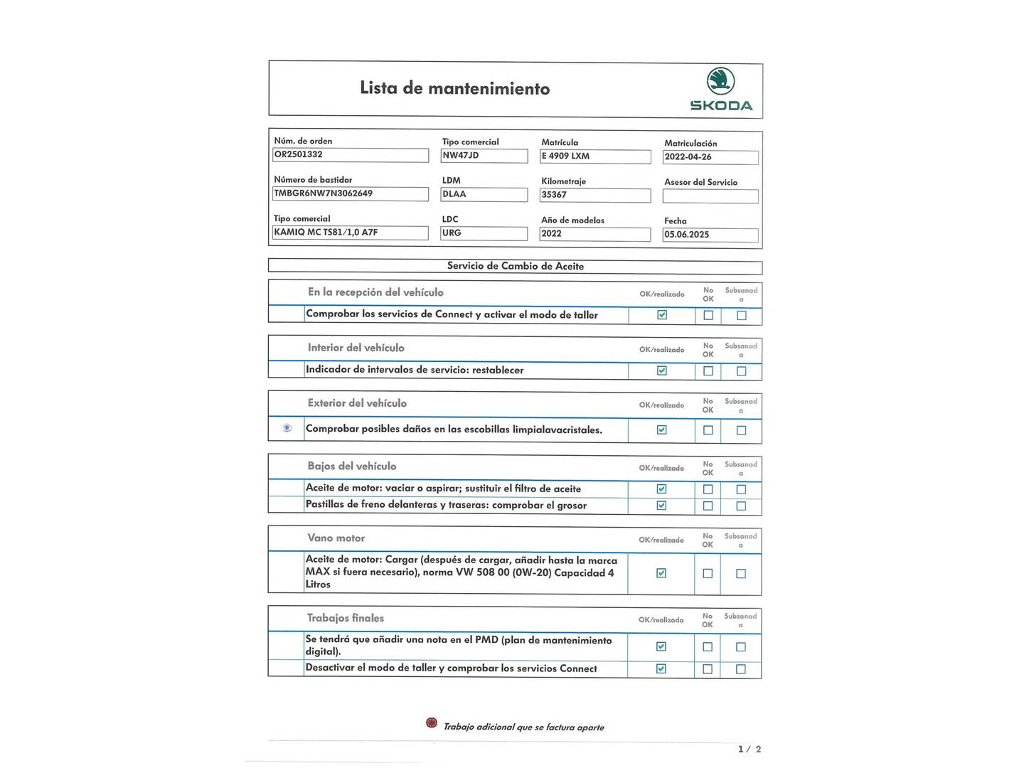 Foto del mantenimiento del Skoda Kamiq Skoda Kamiq 1.0 TSI Montecarlo DSG (110 CV)