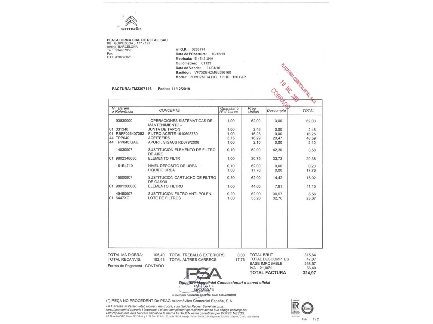 Foto del mantenimiento del Citroën C4 Picasso Citroën C4 Picasso BlueHDi 120 Feel (120 CV)