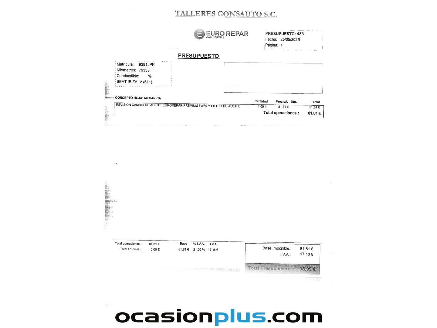 Foto del mantenimiento del Seat Ibiza Seat Ibiza 1.2 TSI Style (90 CV)