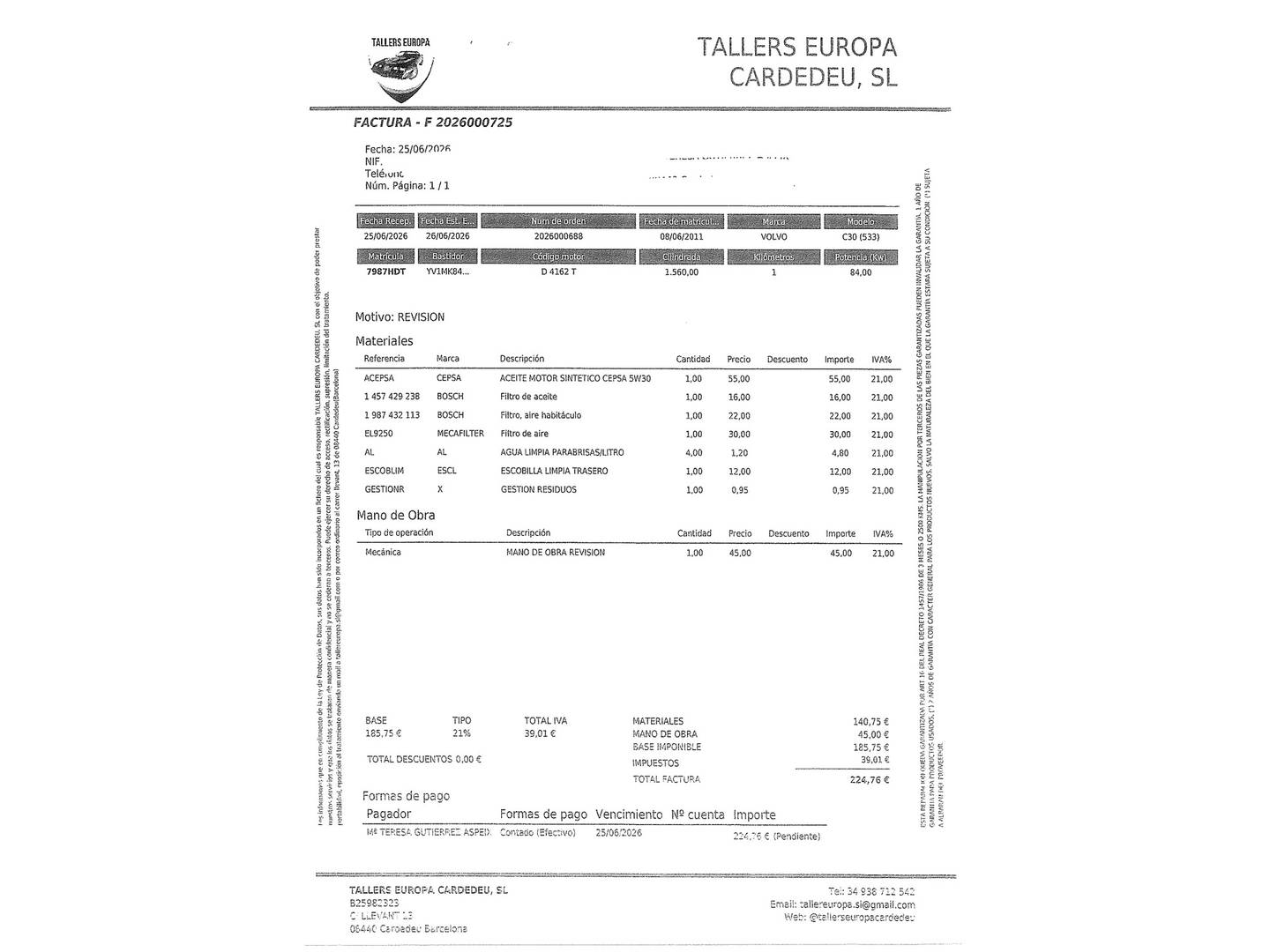 Foto del mantenimiento del Volvo C30 Volvo C30 1.6 Drive Kinetic (115 CV)