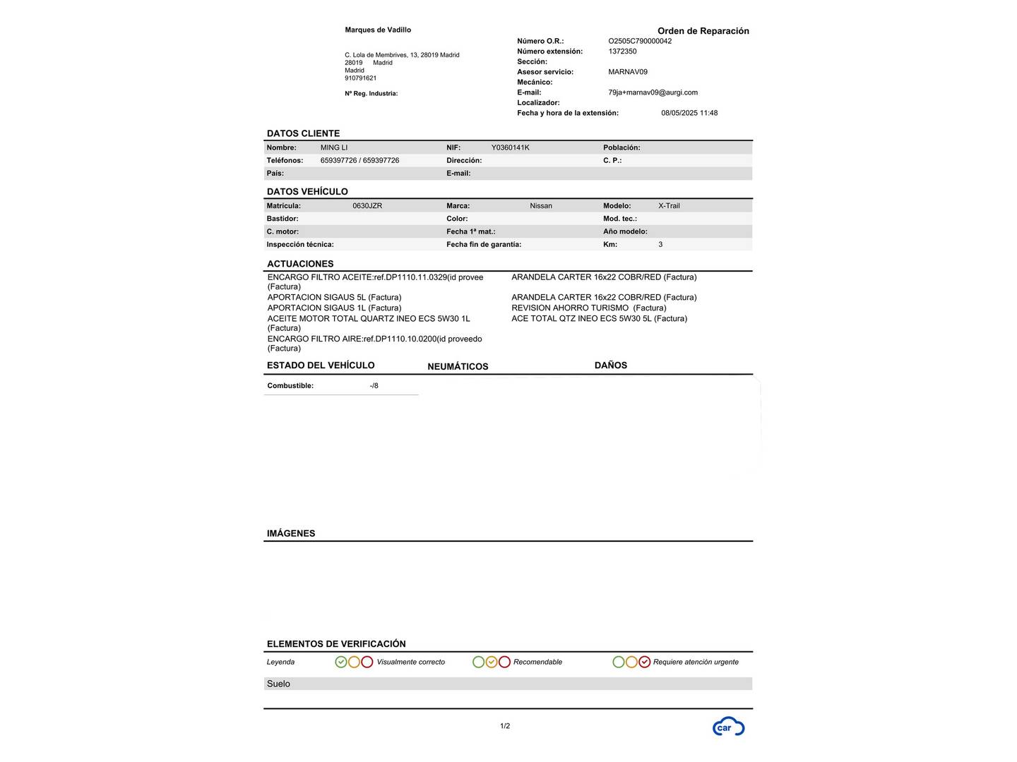 Foto del mantenimiento del Nissan X-TRAIL Nissan X-Trail dCi 130 N-Connecta (130 CV) 7 Plazas