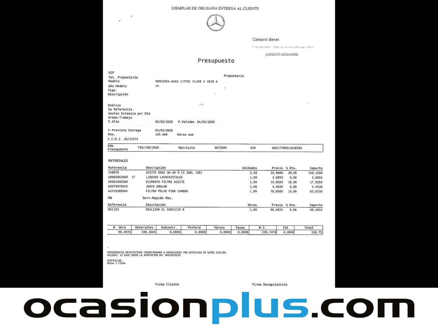 Foto del mantenimiento del Mercedes Clase A Mercedes-Benz Clase A A 180 d (116 CV) Pack AMG