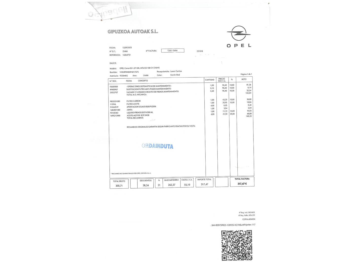 Foto del mantenimiento del Opel Corsa Opel Corsa 1.2T XHL GS (100 CV)