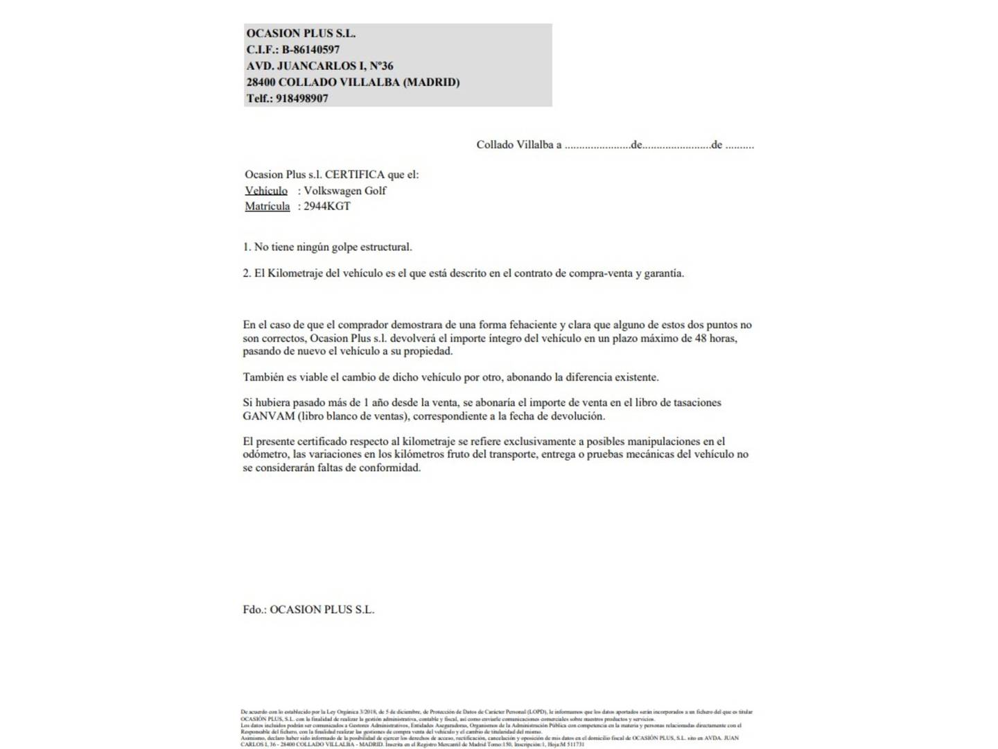Foto del certificado del Volkswagen Golf Volkswagen Golf Advance 1.4 TSI (125 CV)