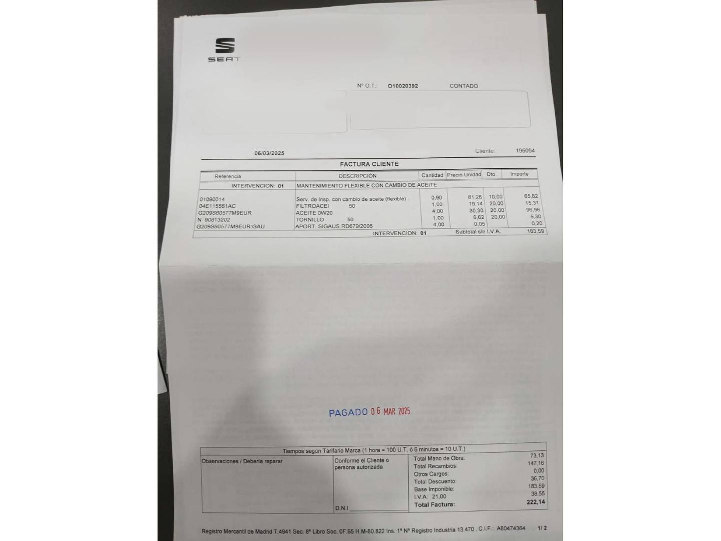 Foto del mantenimiento del Seat Ibiza Seat Ibiza 1.0 TSI S&S Style XL Edition (110 CV)