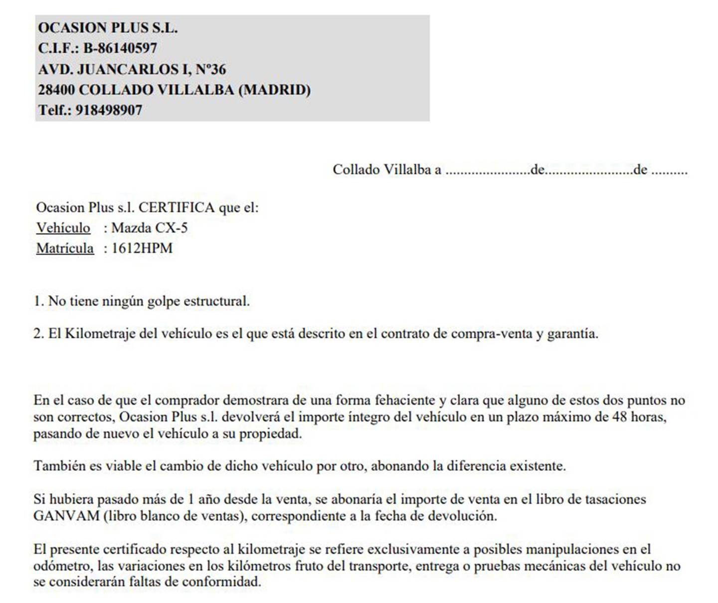 Foto del certificado del Mazda CX-5 Mazda CX-5 2.0 GE Luxury 4WD (160 CV)