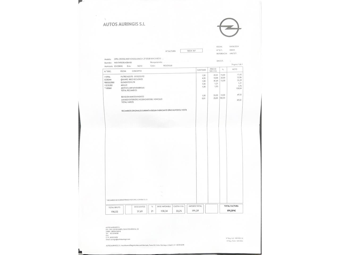 Foto del mantenimiento del Opel Crossland X Opel Crossland X 1.2T Excellence S/S Auto 81kW (110CV)