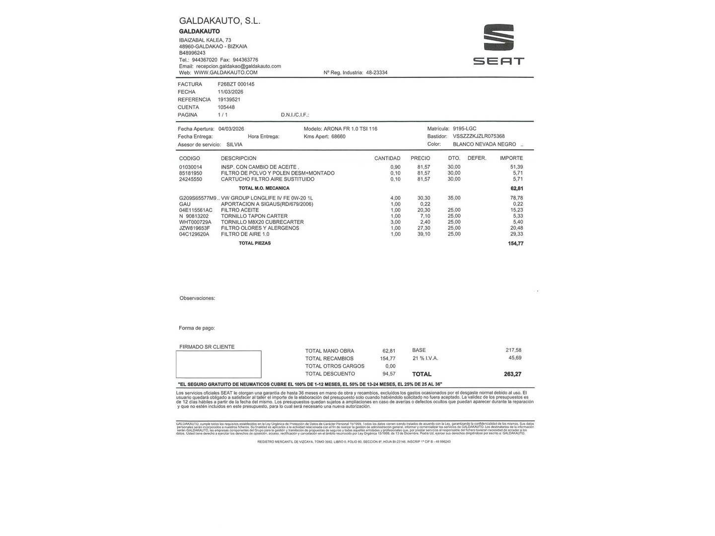 Foto del mantenimiento del Seat Arona Seat Arona 1.0 TSI Ecomotive FR Edition (115 CV)