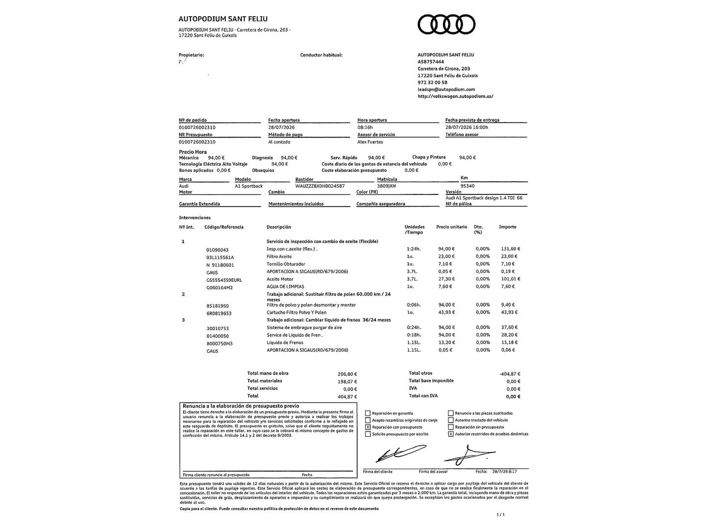 Foto del mantenimiento del Audi A1 Audi A1 Sportback design 1.4 TDI (90 CV)
