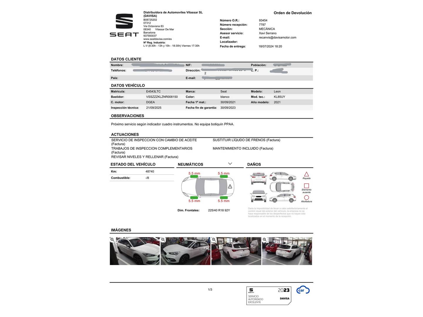 Foto del certificado del Seat León Seat León ST 1.4 e-Hybrid S&S FR Go XL DSG (204 CV)