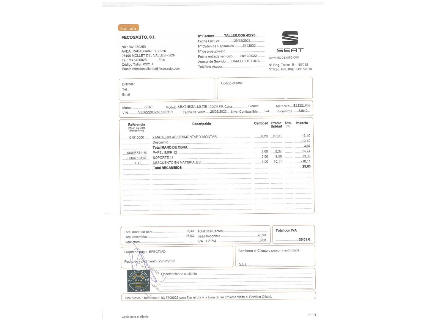 Foto del mantenimiento del Seat Ibiza Seat Ibiza 1.0 TSI FR (110 CV)