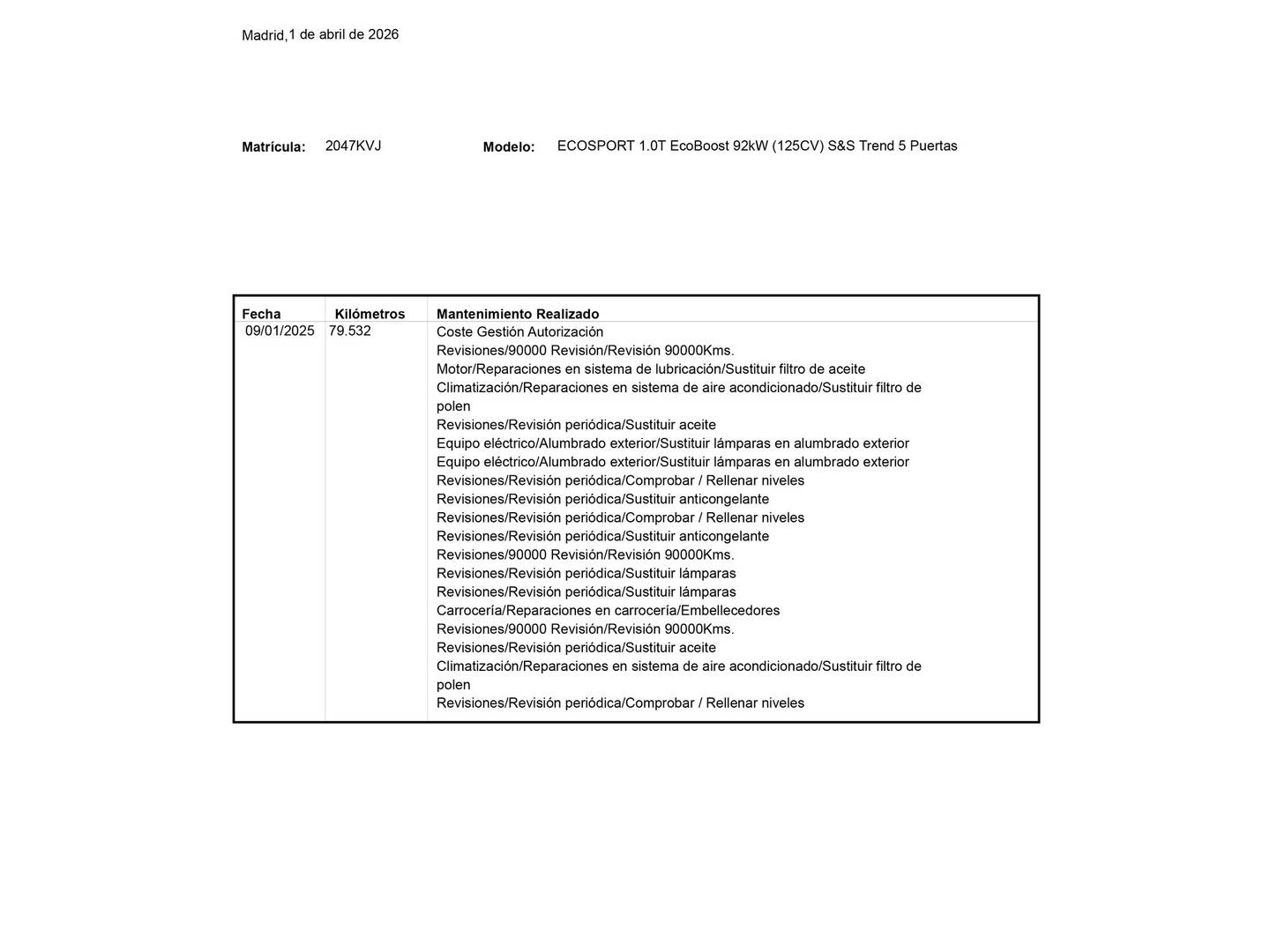 Foto del mantenimiento del Ford EcoSport Ford EcoSport 1.0 EcoBoost S&S Trend (125 CV)