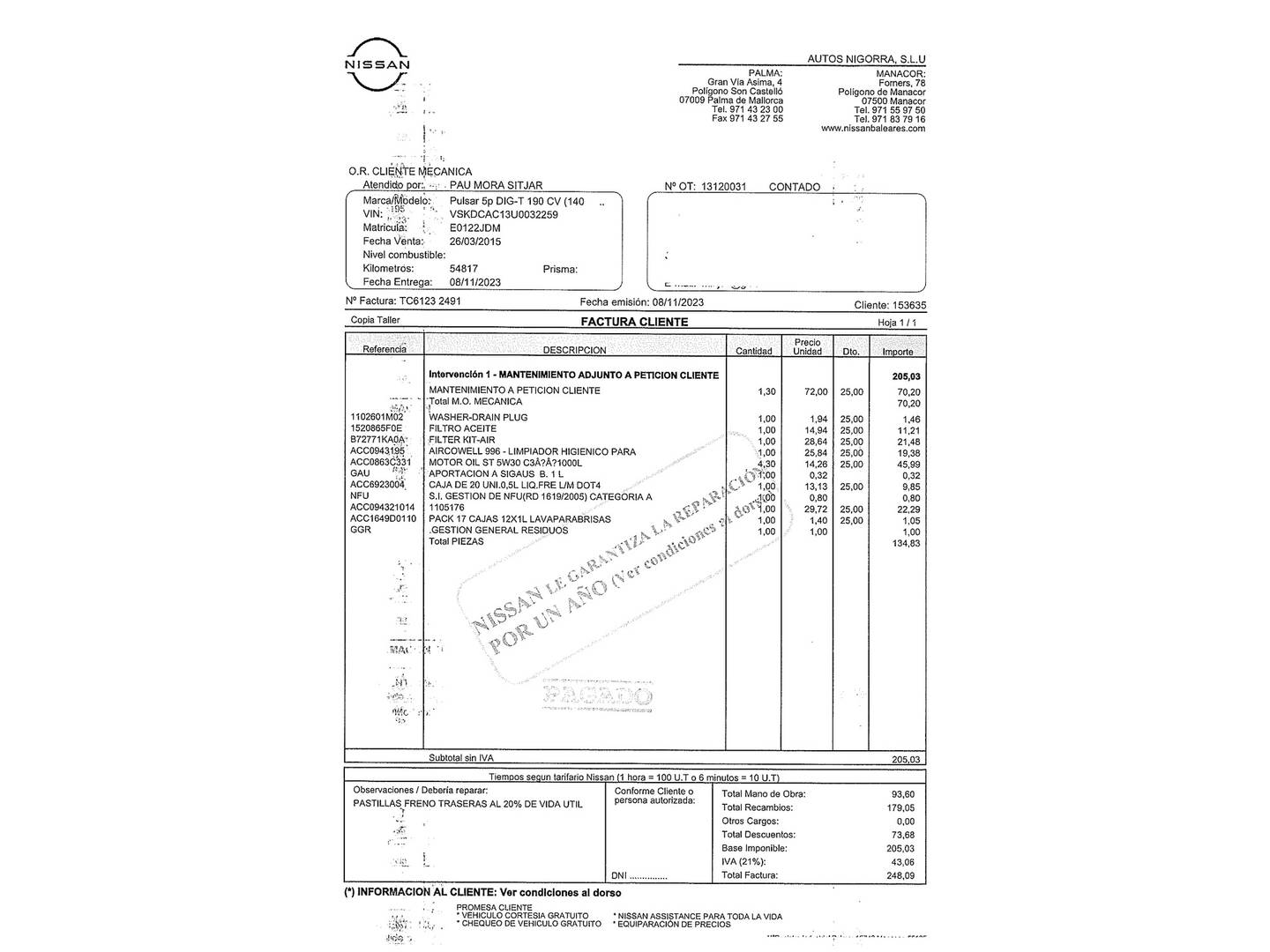 Foto del mantenimiento del Nissan PULSAR Nissan Pulsar DIG-T 190 Tekna (190 CV)