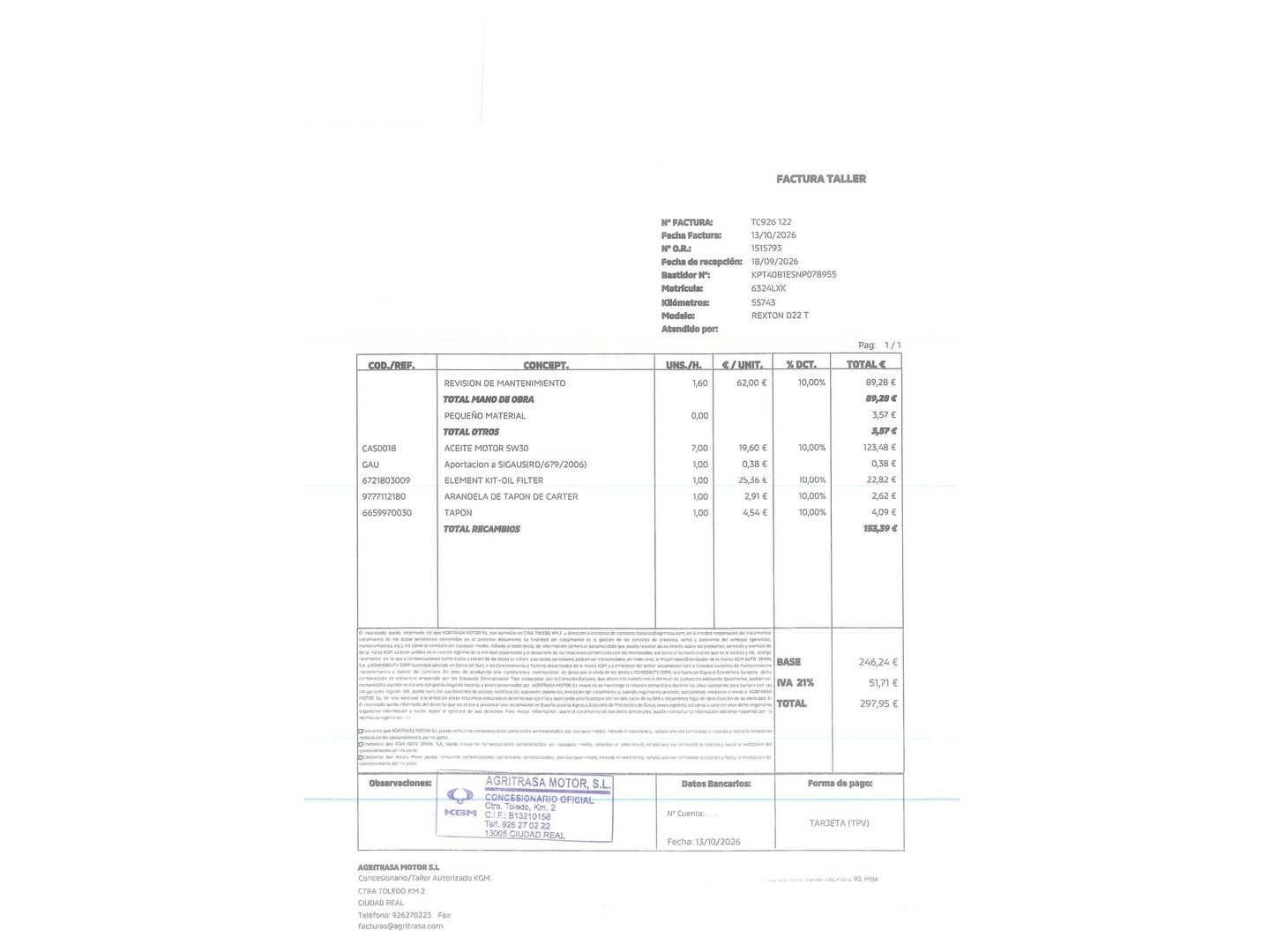 Foto del certificado del SsangYong Rexton SsangYong Rexton D22DTR Pro 4x4 Auto (202 CV)