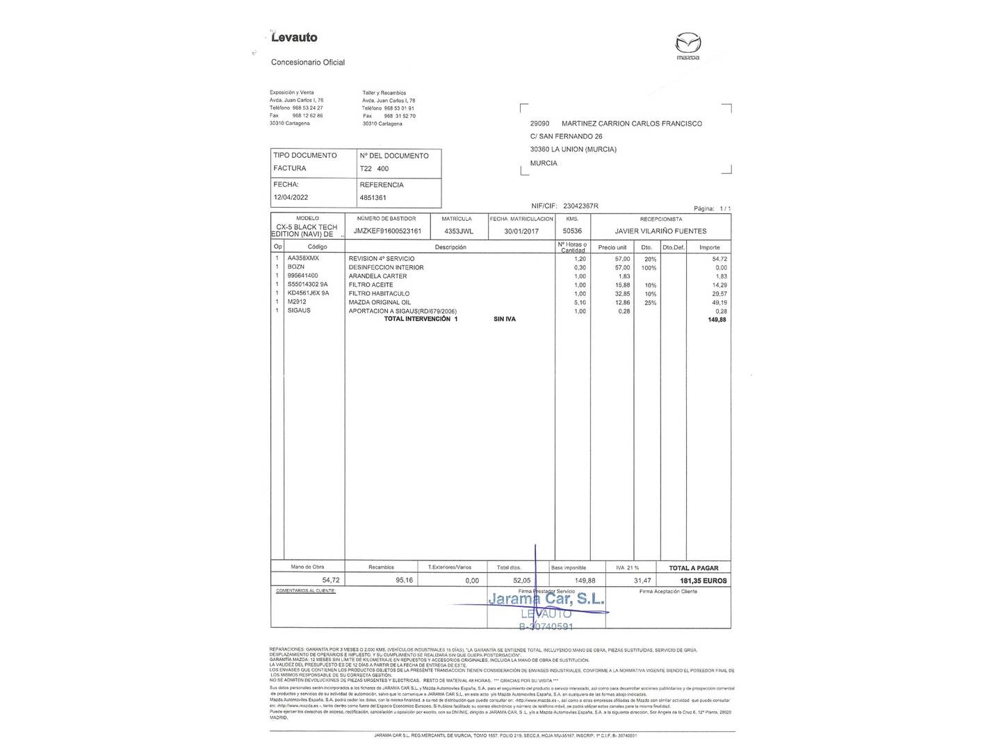 Foto del certificado del Mazda CX-5 Mazda CX-5 2.2 DE Black Tech Edition 2WD (150 CV)