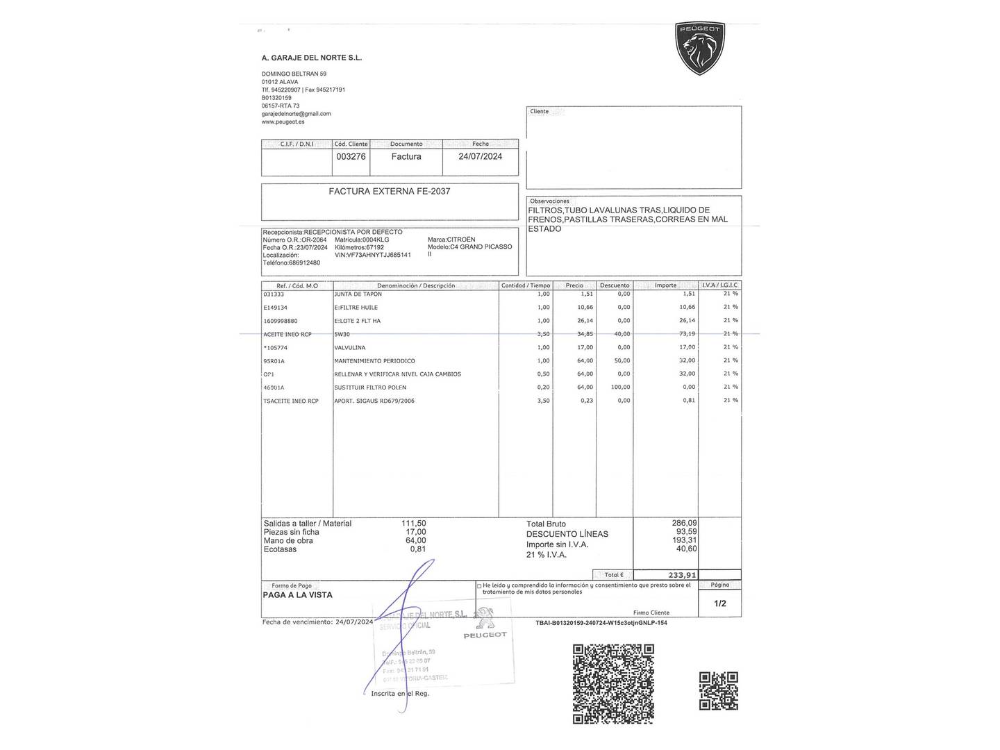 Foto del mantenimiento del Citroën Grand C4 Spacetourer Citroën Grand C4 Spacetourer PureTech 130 S&S Feel EAT6 (130 CV) 7 Plazas