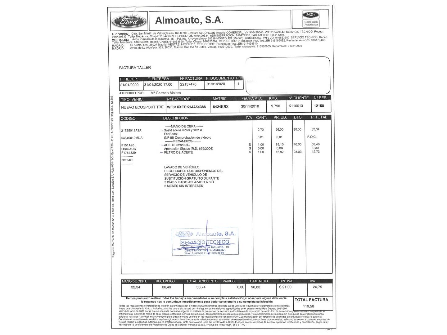 Foto del mantenimiento del Ford EcoSport Ford EcoSport 1.0T EcoBoost S&S Trend+ (125 CV)