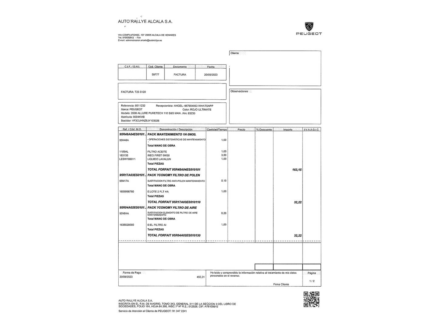 Foto del mantenimiento del Peugeot 2008 Peugeot 2008 PureTech 110 S&S Allure (110 CV)