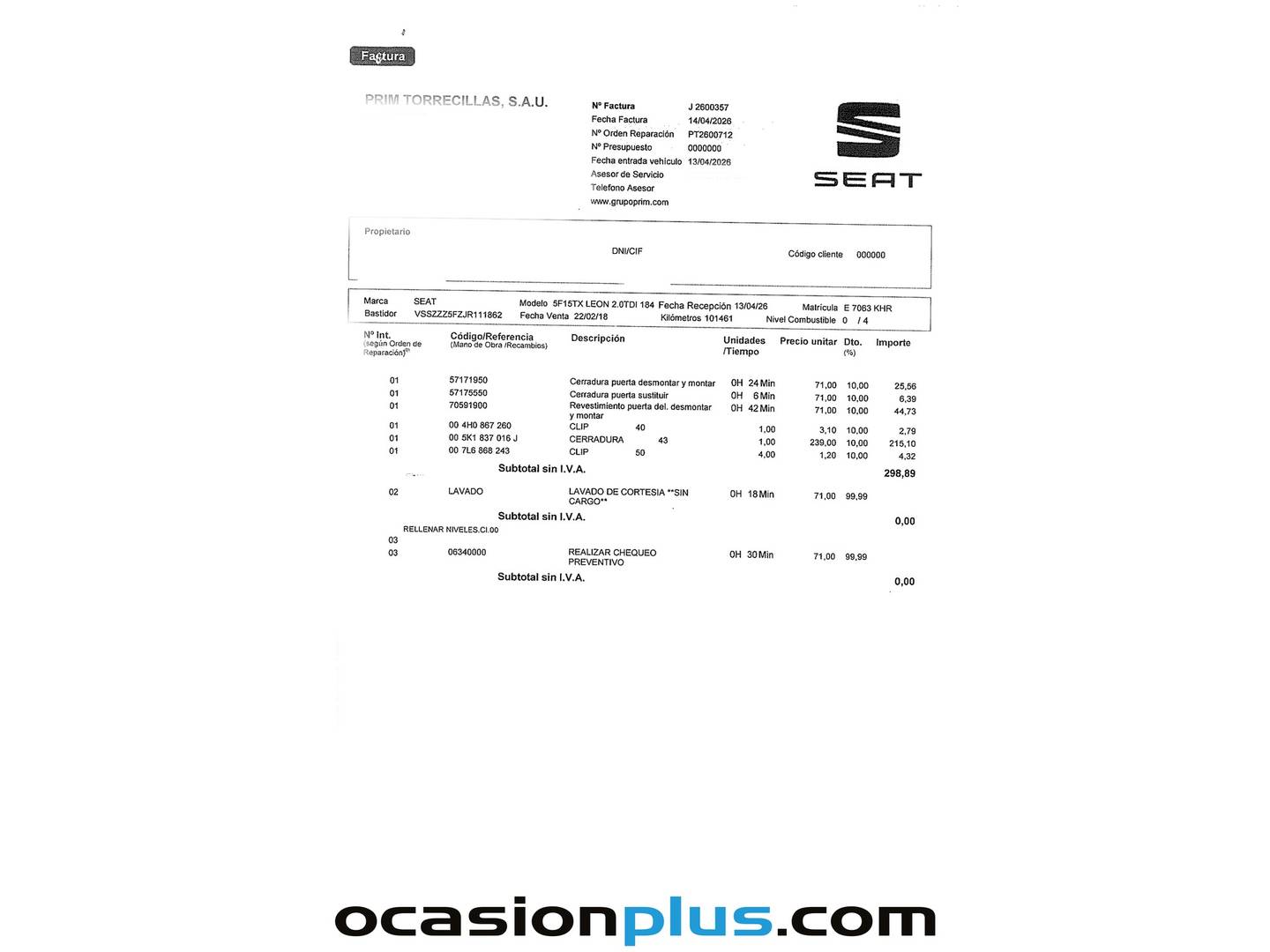 Foto del mantenimiento del Seat León Seat León 2.0 TDI S&S FR Plus  (184 CV)