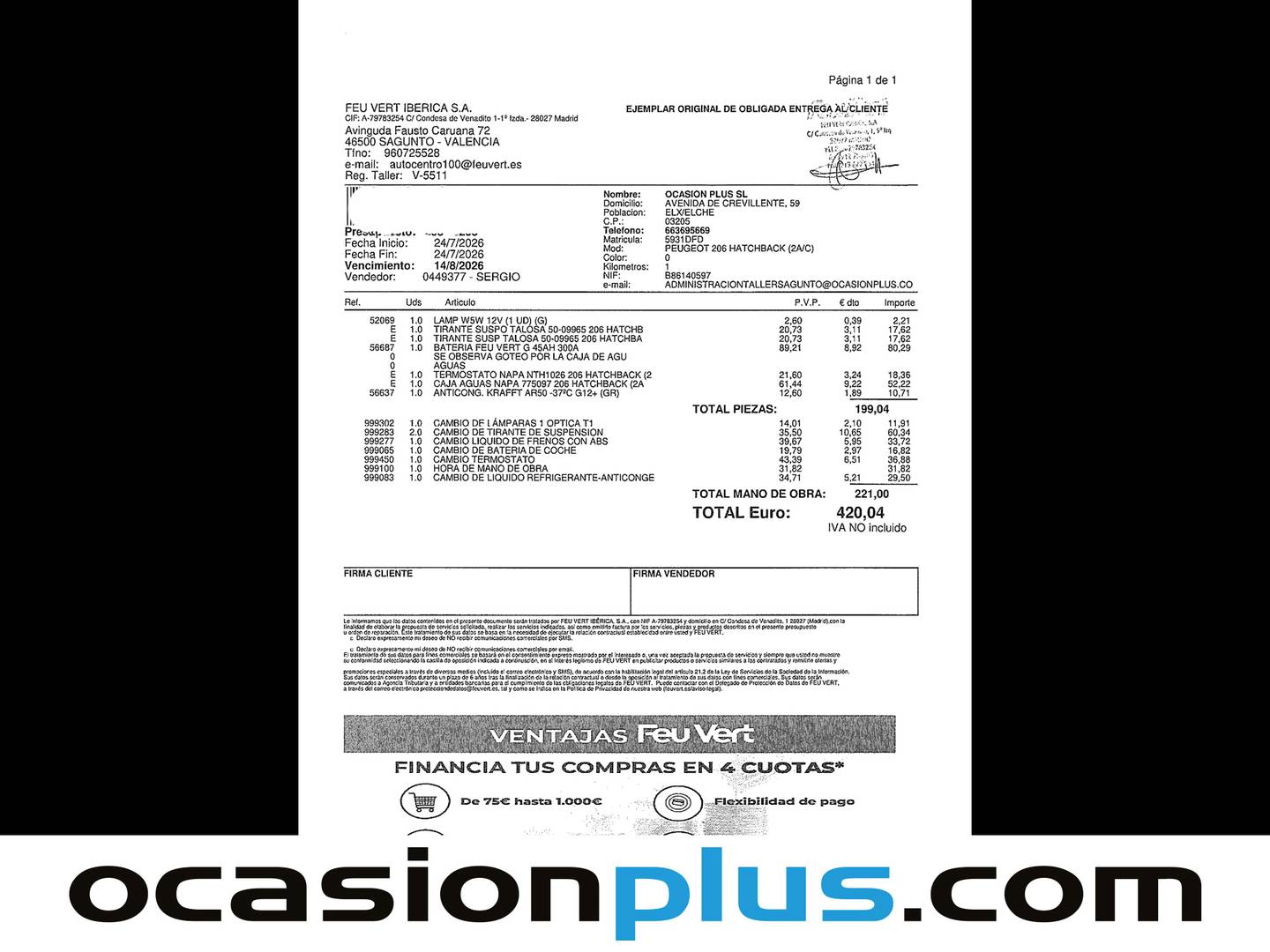 Foto del mantenimiento del Peugeot 206 Peugeot 206 75 Refri (75 CV)
