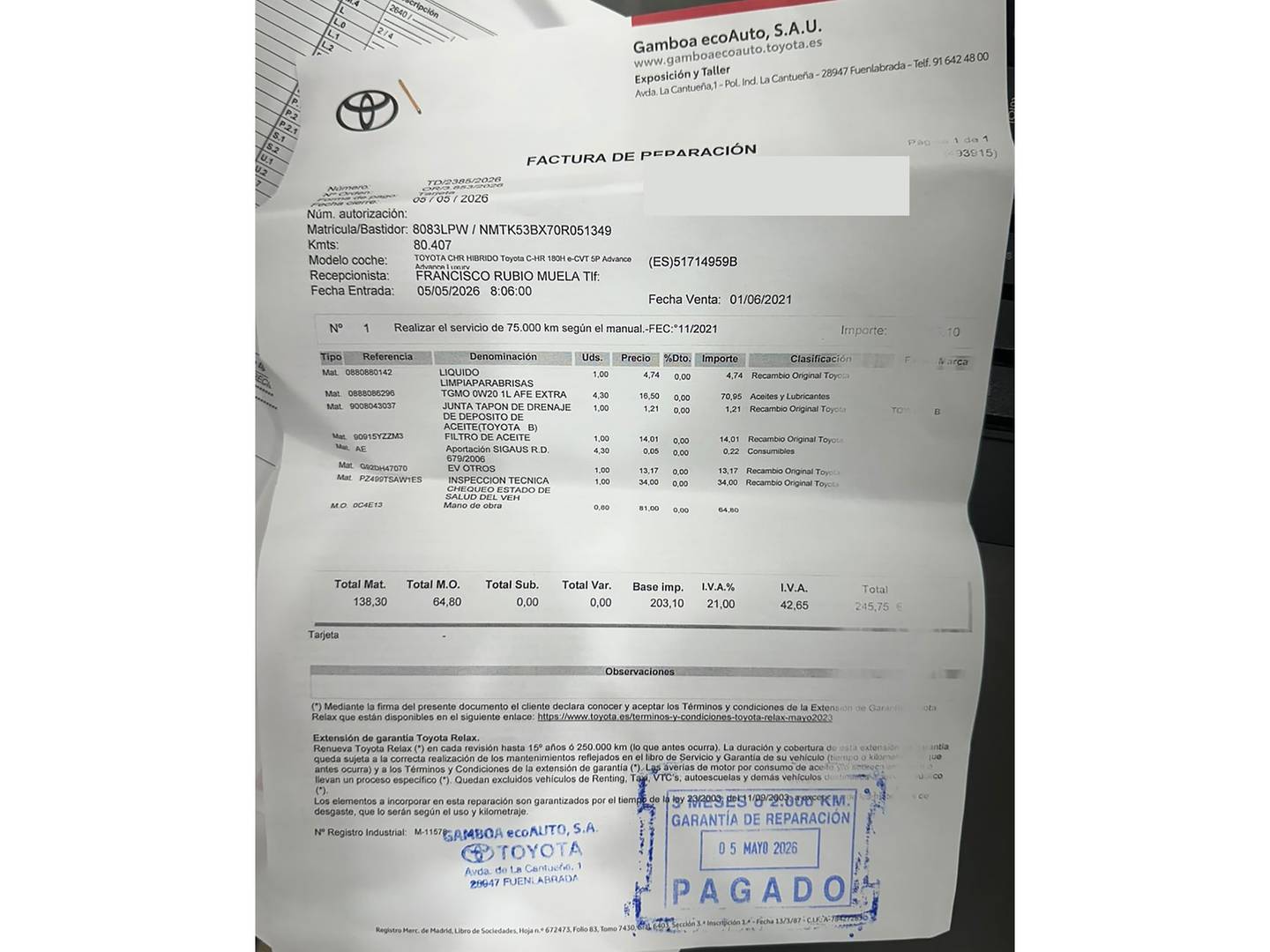 Foto del mantenimiento del Toyota C-HR Toyota C-HR 180H Advance (184 CV)