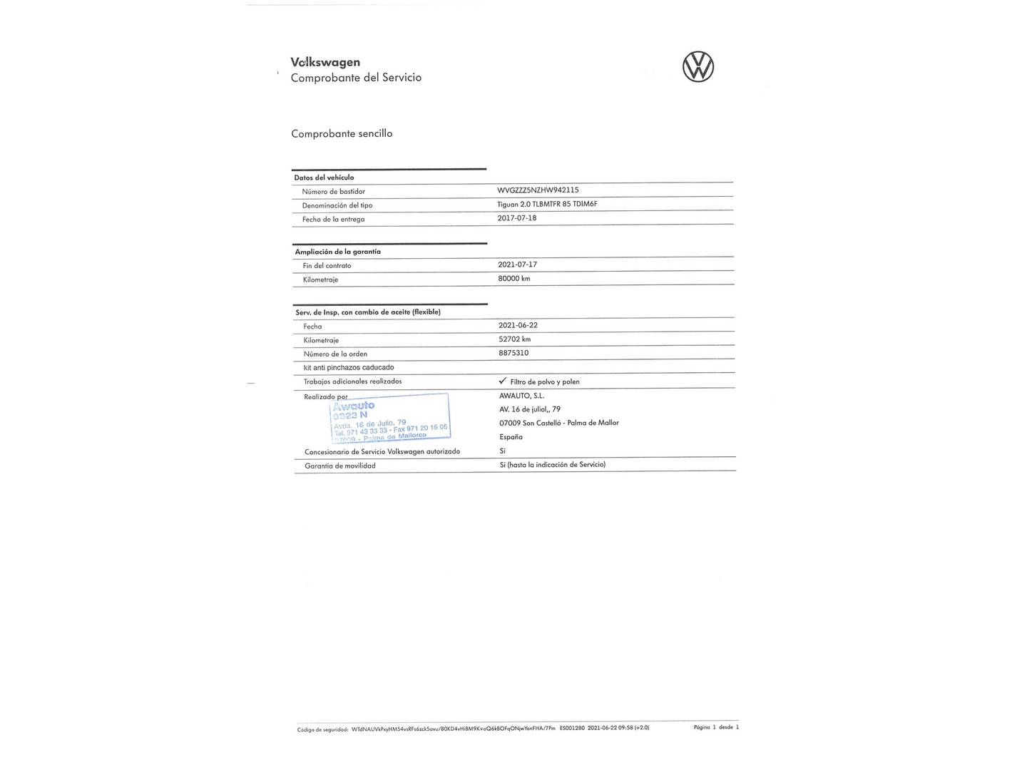 Foto del mantenimiento del Volkswagen Tiguan Volkswagen Tiguan Edition 2.0 TDI (115 CV)