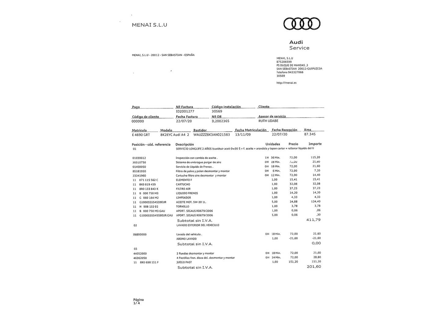 Foto del mantenimiento del Audi A4 Audi A4 2.0 TDI e DPF (136 CV)
