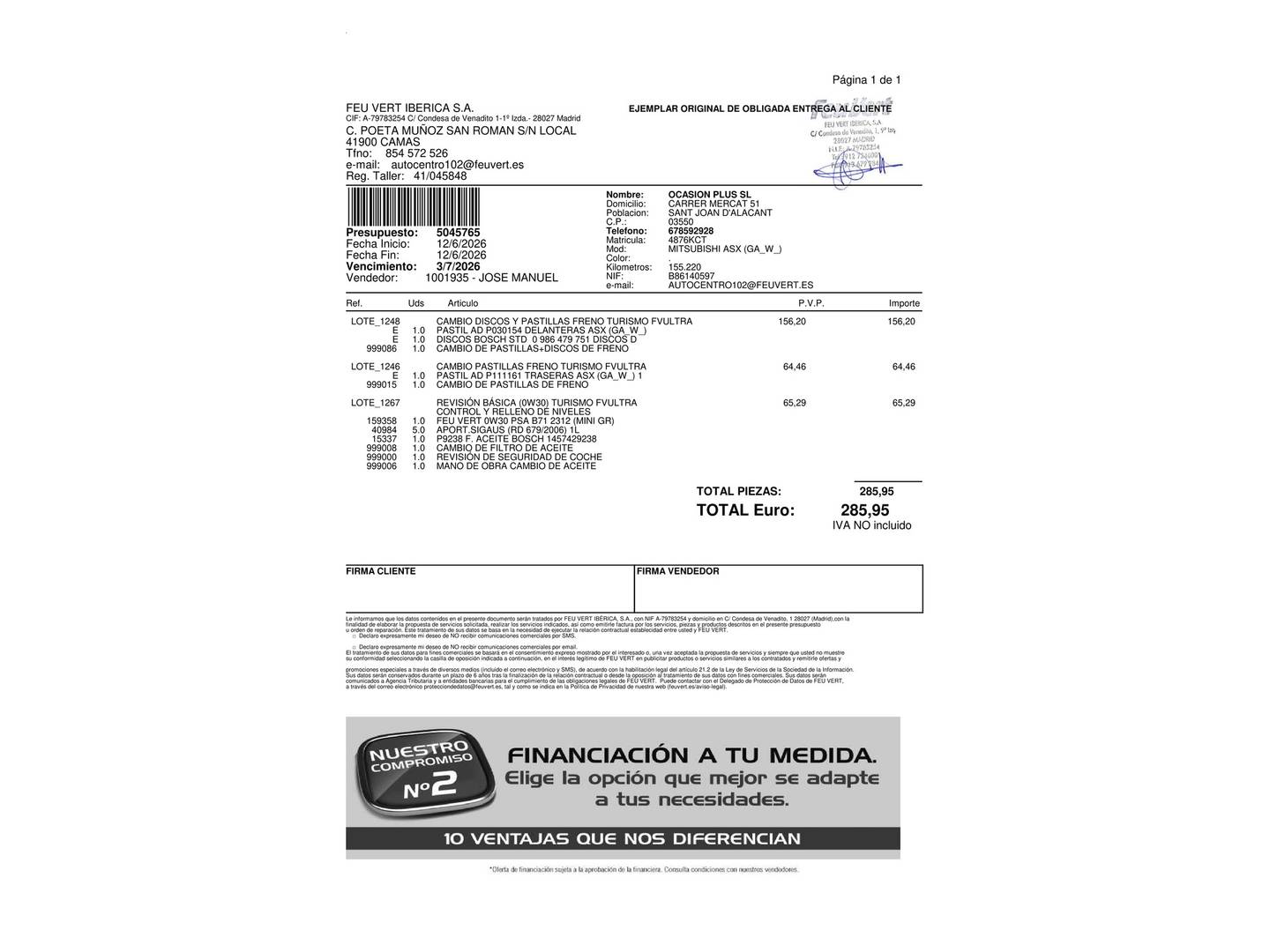 Foto del mantenimiento del Mitsubishi ASX Mitsubishi ASX 160 DI-D Motion (114 CV)