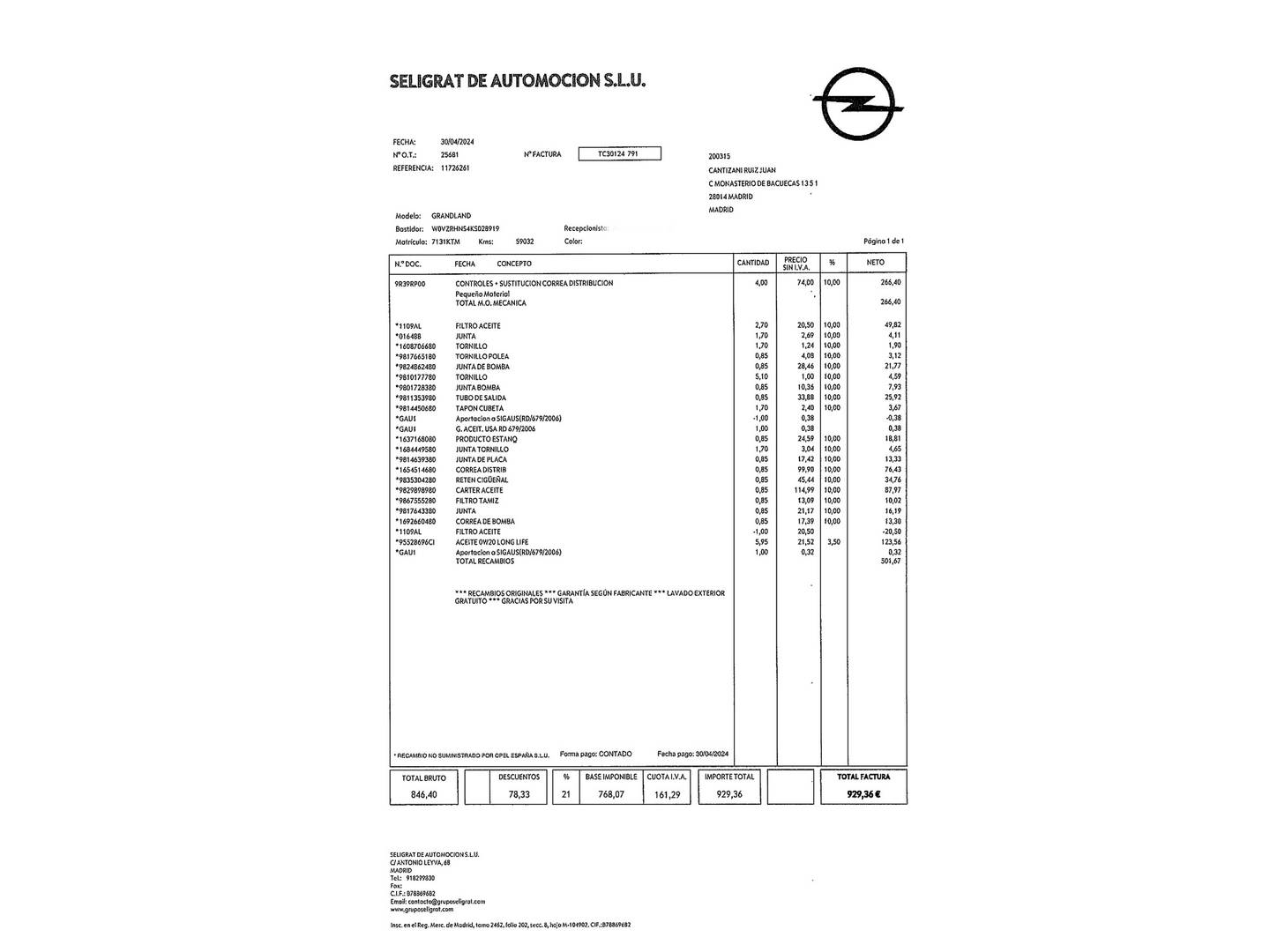 Foto del mantenimiento del Opel Grandland X Opel Grandland X 1.2 Turbo S&S Design Line Auto (130 CV)