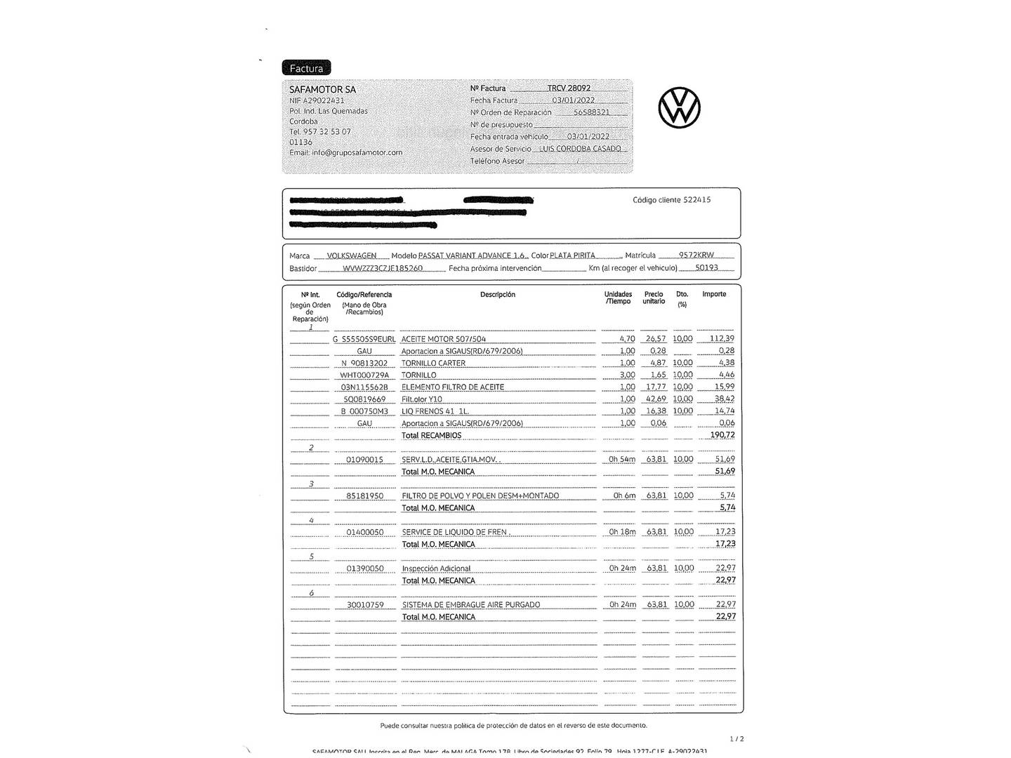 Foto del mantenimiento del Volkswagen Passat Volkswagen Passat Variant Advance 1.6 TDI (120 CV)