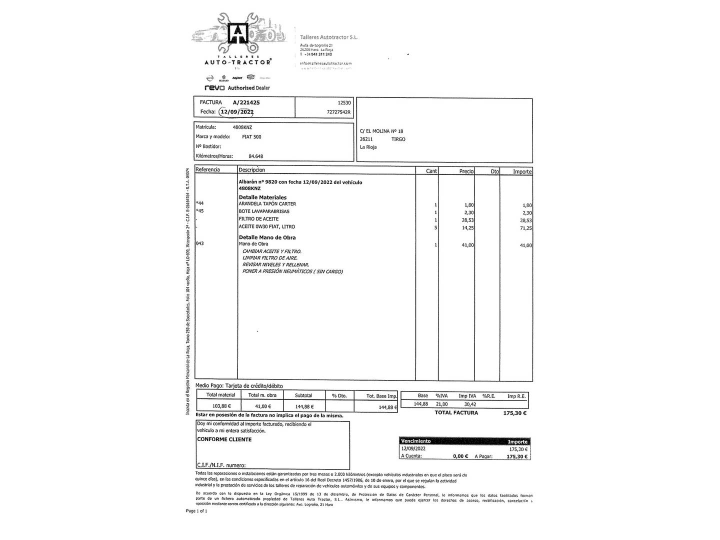 Foto del mantenimiento del Fiat 500X Fiat 500X 1.6 MultiJet Lounge 4x2 DCT (120 CV)