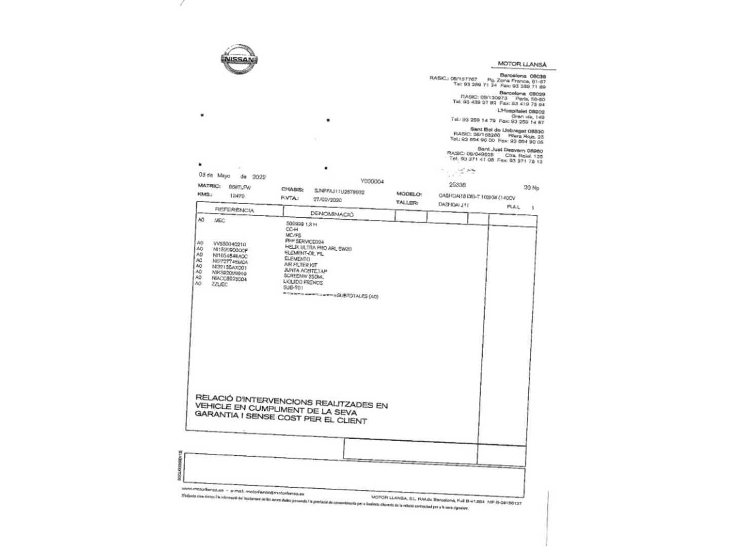 Foto del mantenimiento del Nissan QASHQAI Nissan Qashqai DIG-T 140 N-Connecta 4x2 (140 CV)