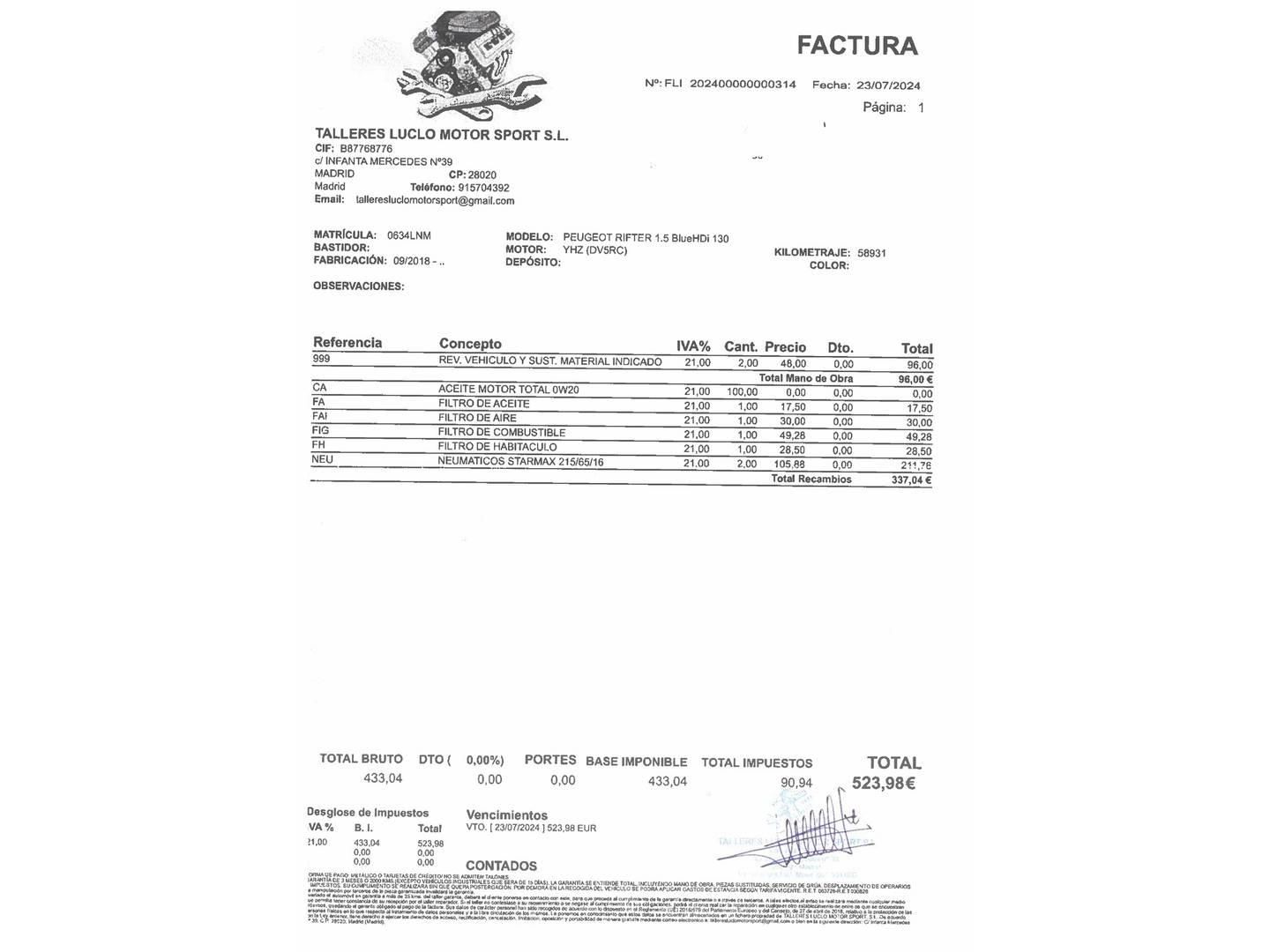 Foto del mantenimiento del Peugeot Rifter Peugeot Rifter BlueHDi 130 Allure Pack Long (130 CV)