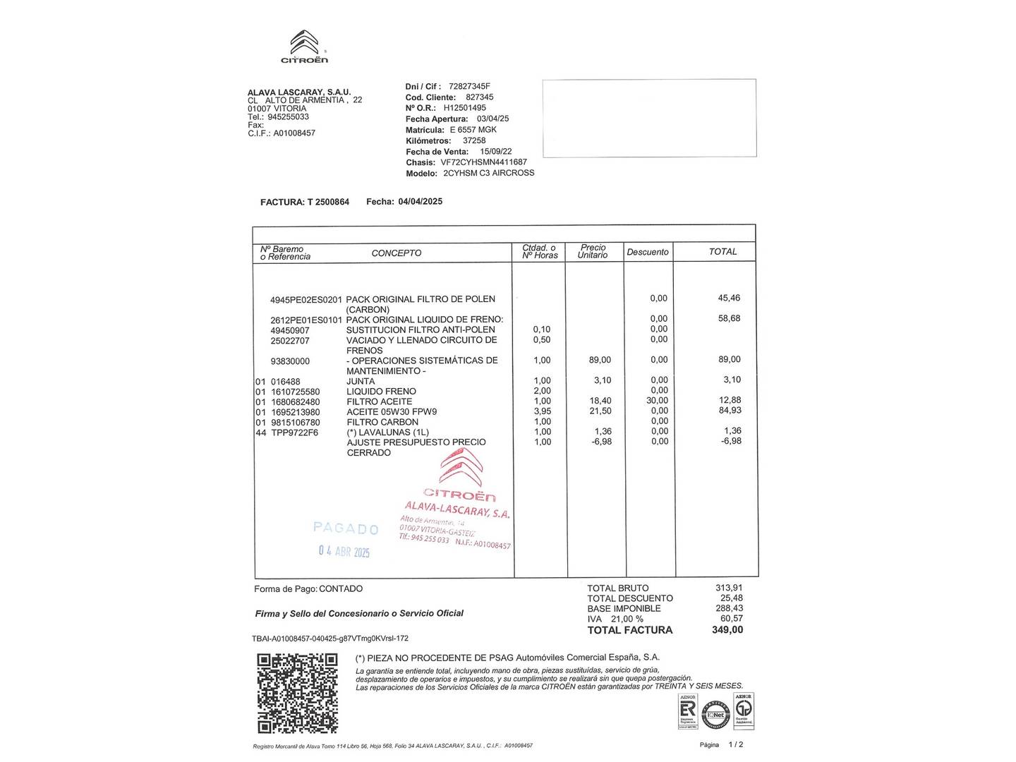 Foto del mantenimiento del Citroën C3 Aircross Citroën C3 Aircross BlueHDi 110 S&S C-Series (110 CV)