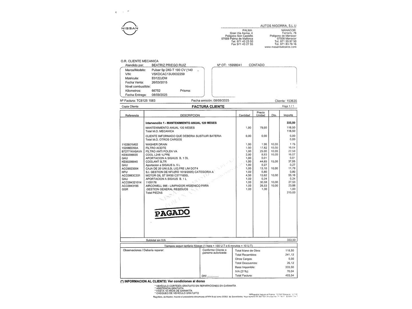 Foto del mantenimiento del Nissan PULSAR Nissan Pulsar DIG-T 190 Tekna (190 CV)