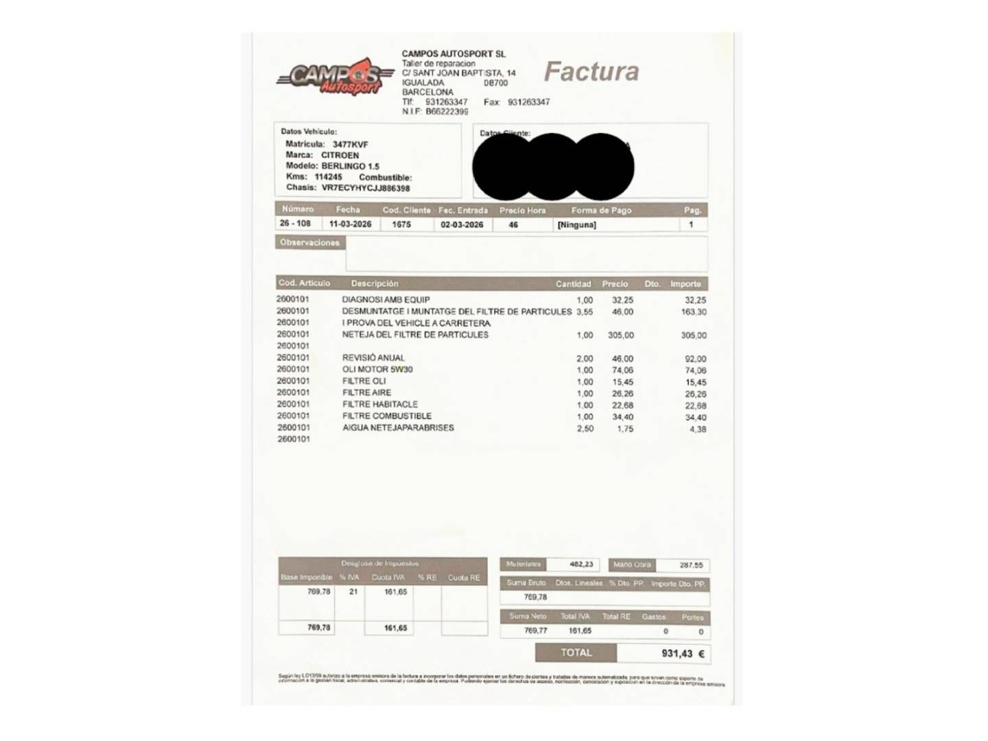 Foto del mantenimiento del Citroën Berlingo Citroën Berlingo BlueHDi 100 S&S Talla M Shine Pack XTR (102 CV)