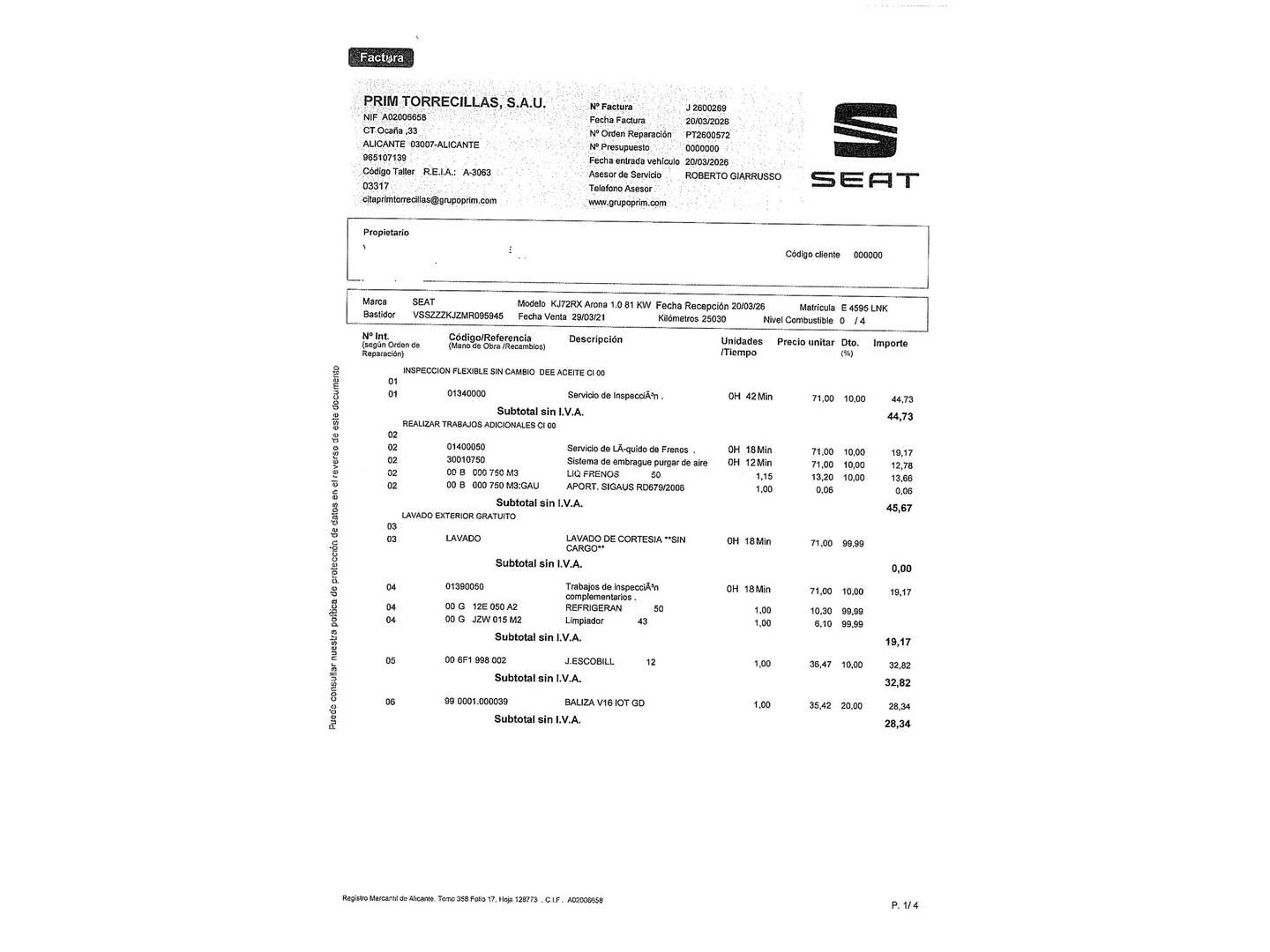 Foto del mantenimiento del Seat Arona Seat Arona 1.0 TSI Style Go2 (110 CV)