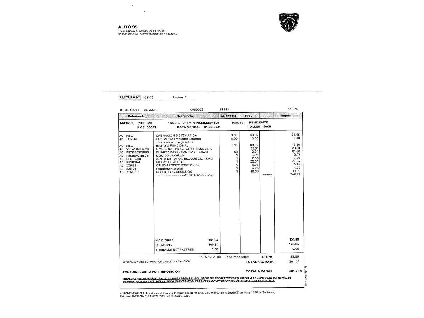Foto del mantenimiento del Peugeot 5008 Peugeot 5008 PureTech 130 S&S Allure Pack (130 CV) 7 Plazas