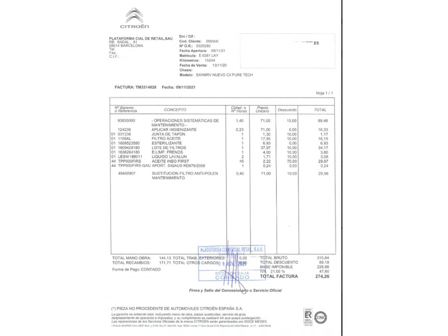 Foto del mantenimiento del Citroën C3 Citroën C3 PureTech 82 C-Series (83 CV)