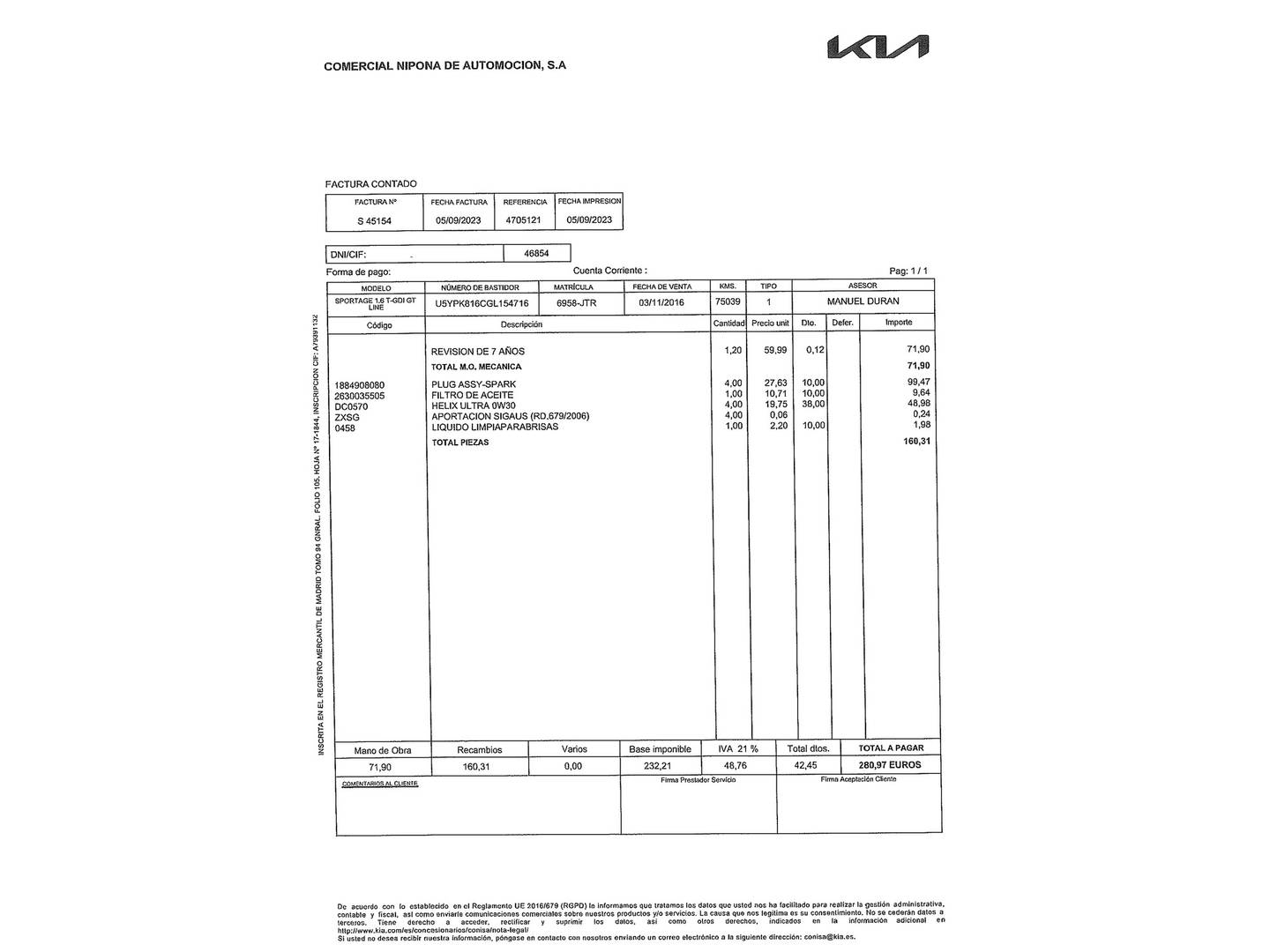 Foto del mantenimiento del KIA Sportage KIA Sportage Sportage 1.6 T-GDi GT Line 4x4 (177 CV)