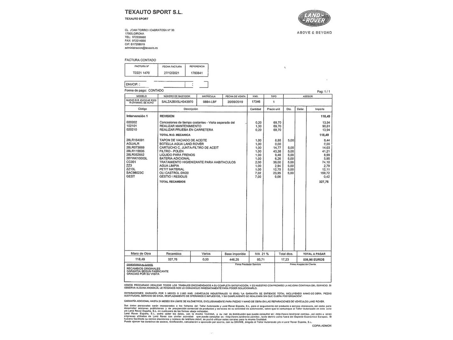 Foto del mantenimiento del Land Rover Range Rover Evoque Land Rover Range Rover Evoque P200 R-Dynamic SE 4WD Auto (200 CV)