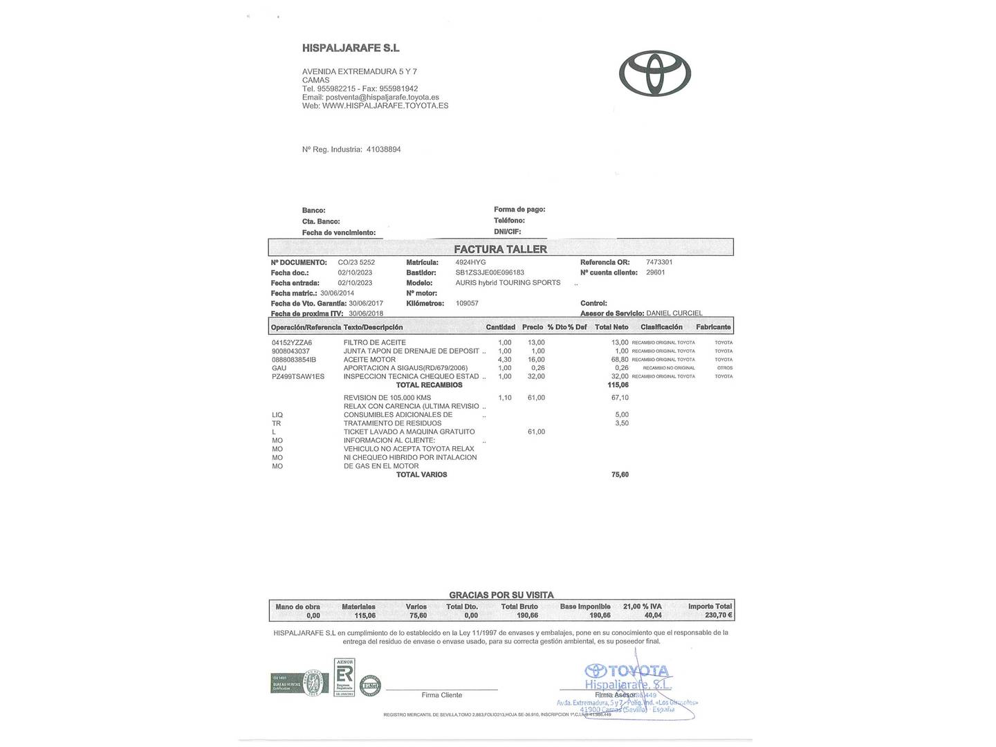 Foto del mantenimiento del Toyota Auris Toyota Auris 1.8 Hybrid Touring Sports Active (136 CV)