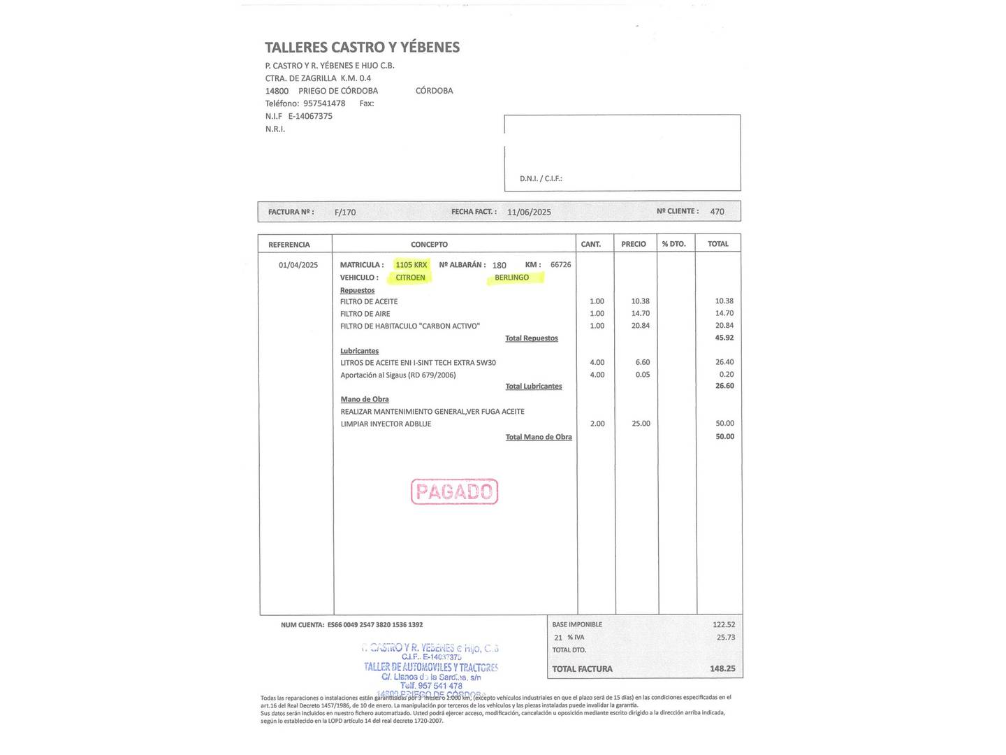 Foto del mantenimiento del Citroën Berlingo Citroen Berlingo BlueHDi 100 S&S Talla M Shine (102 CV)
